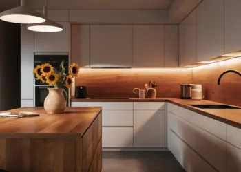 Cozinha moderna com armários brancos, bancadas de madeira e vaso de girassóis na ilha.