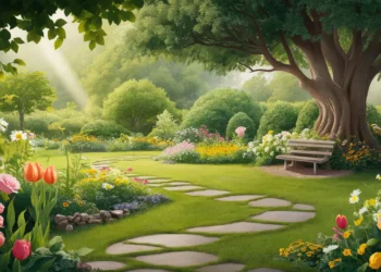 Jardim com caminho de pedras, flores coloridas e banco de madeira sob grande árvore de carvalho.