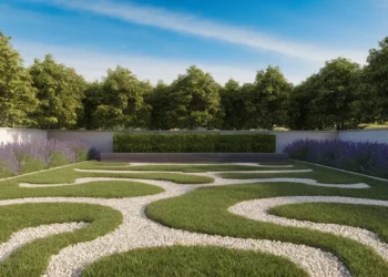 Jardim simétrico com gramado, pedras brancas e lavanda, banco de madeira cercado por pequenas árvores.