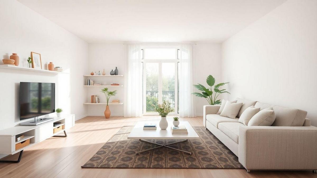 Organização e acessórios decorativos em uma sala minimalista
