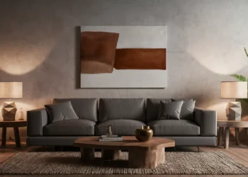 Sala de estar moderna com sofá cinza e plantas ao lado de mesas de madeira e arte minimalista na parede.